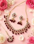 Maroon Kundan Necklace Set with Matching Earrings & Maang Tikka for Women | Traditional Gold-Plated Ethnic Jewellery