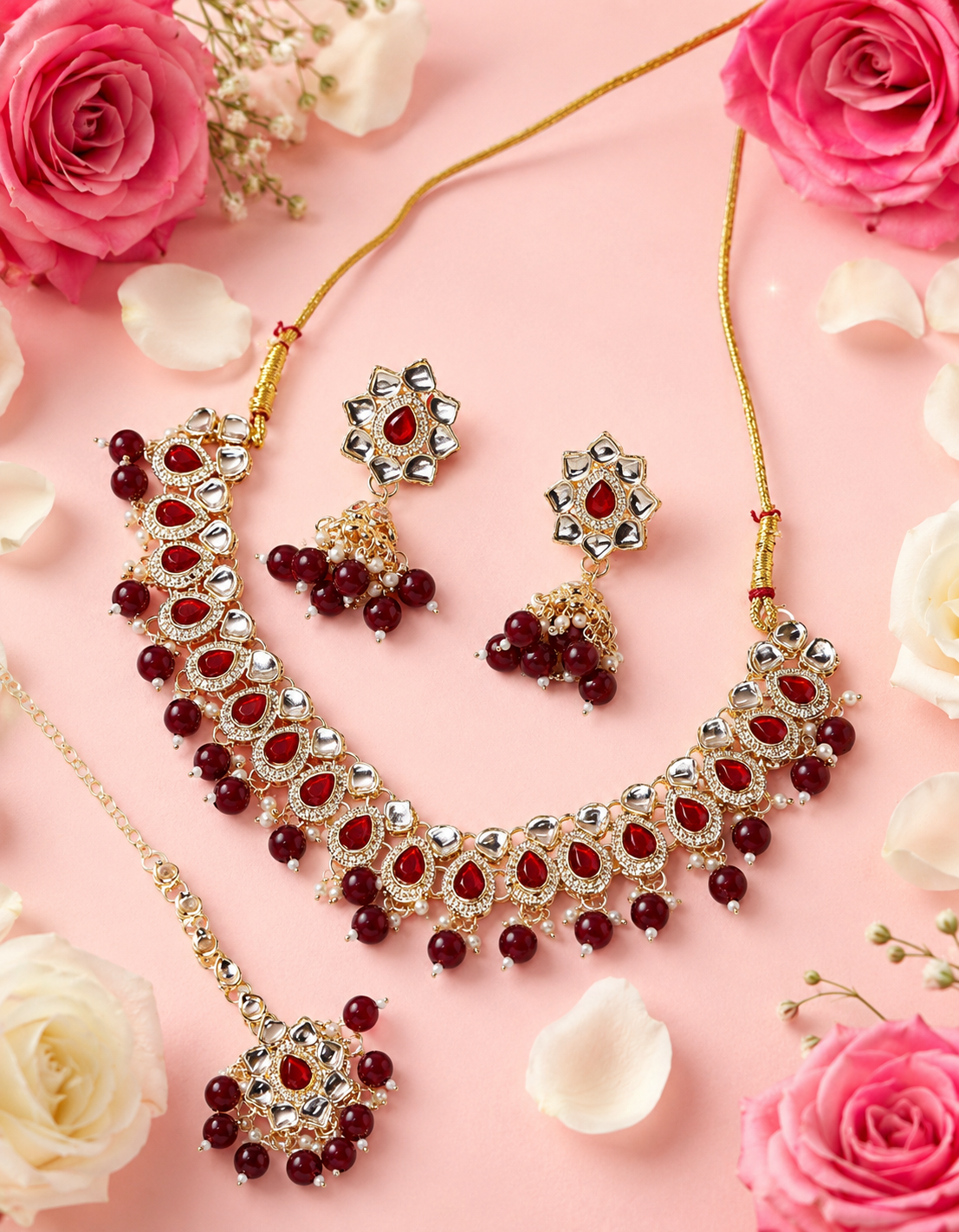 Maroon Kundan Necklace Set with Matching Earrings & Maang Tikka for Women | Traditional Gold-Plated Ethnic Jewellery