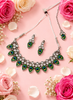 Peacock Feather Design Crystal Necklace Set with Matching Earrings & Maang Tikka for Women