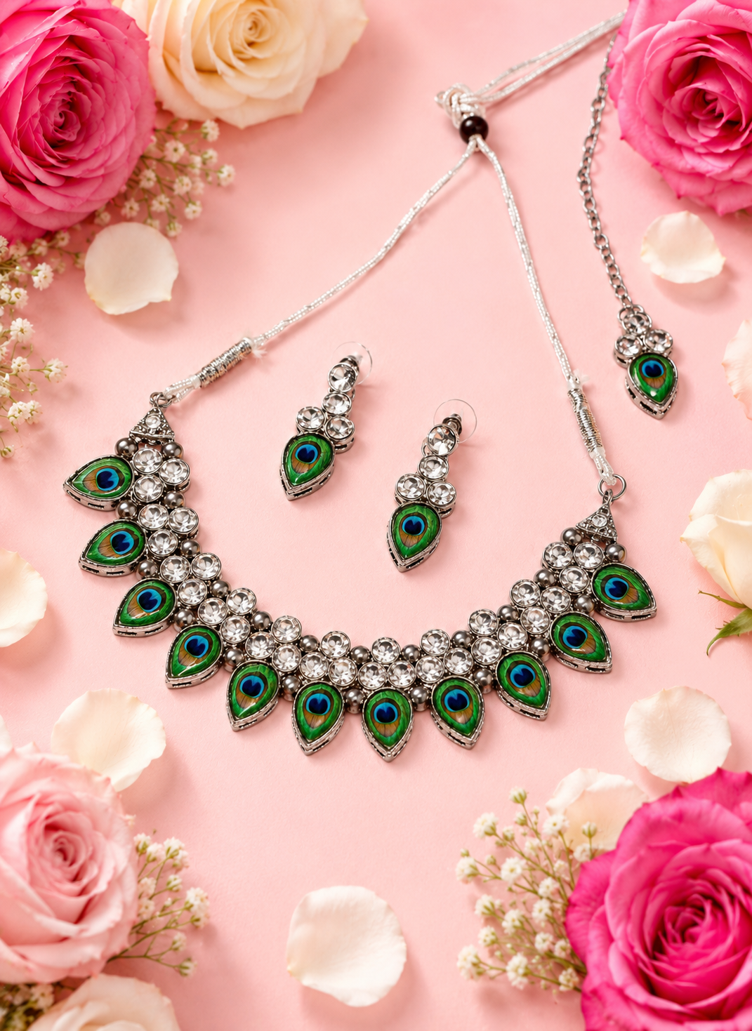 Peacock Feather Design Crystal Necklace Set with Matching Earrings & Maang Tikka for Women