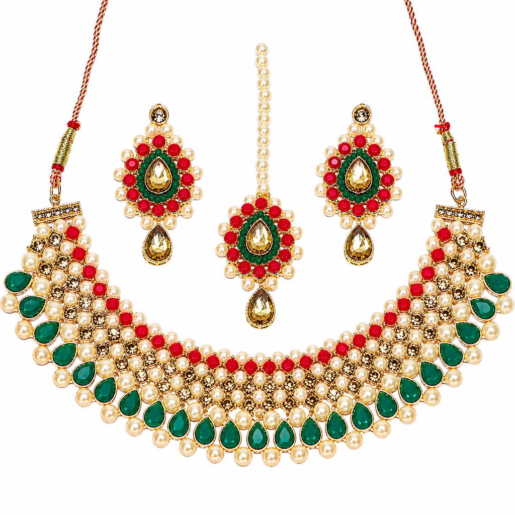 Kundan Pearl Choker Necklace Set with Earrings & Maang Tikka for Women