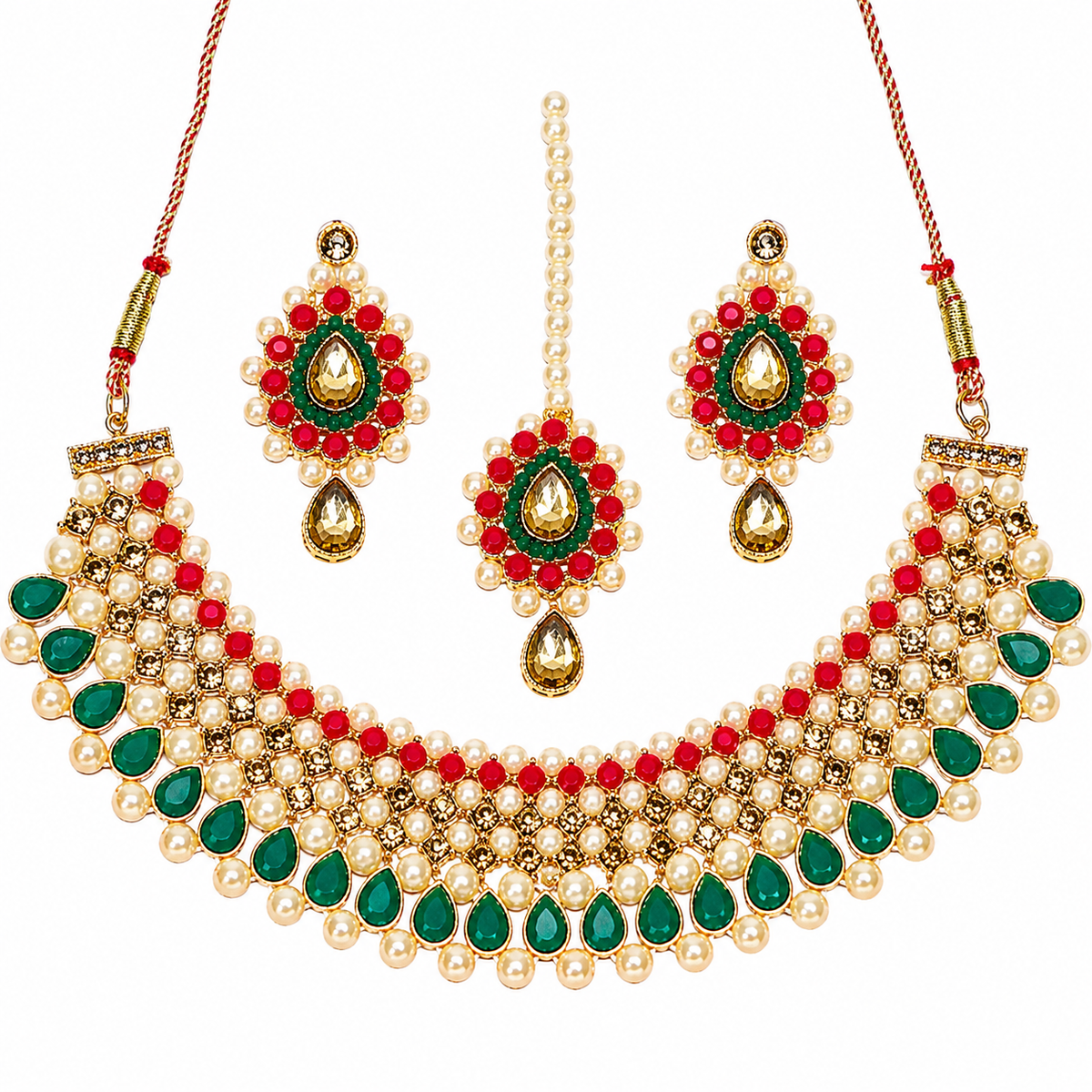 Kundan Pearl Choker Necklace Set with Earrings & Maang Tikka for Women