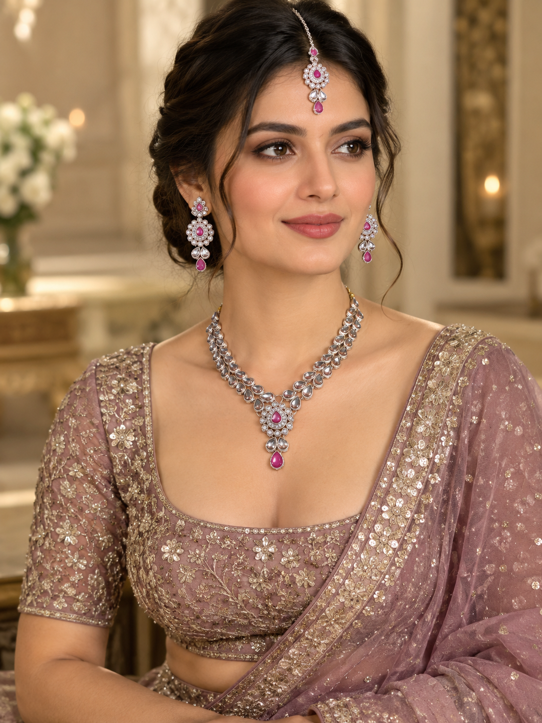 Pink Kundan Necklace Set with Matching Earrings & Maang Tikka