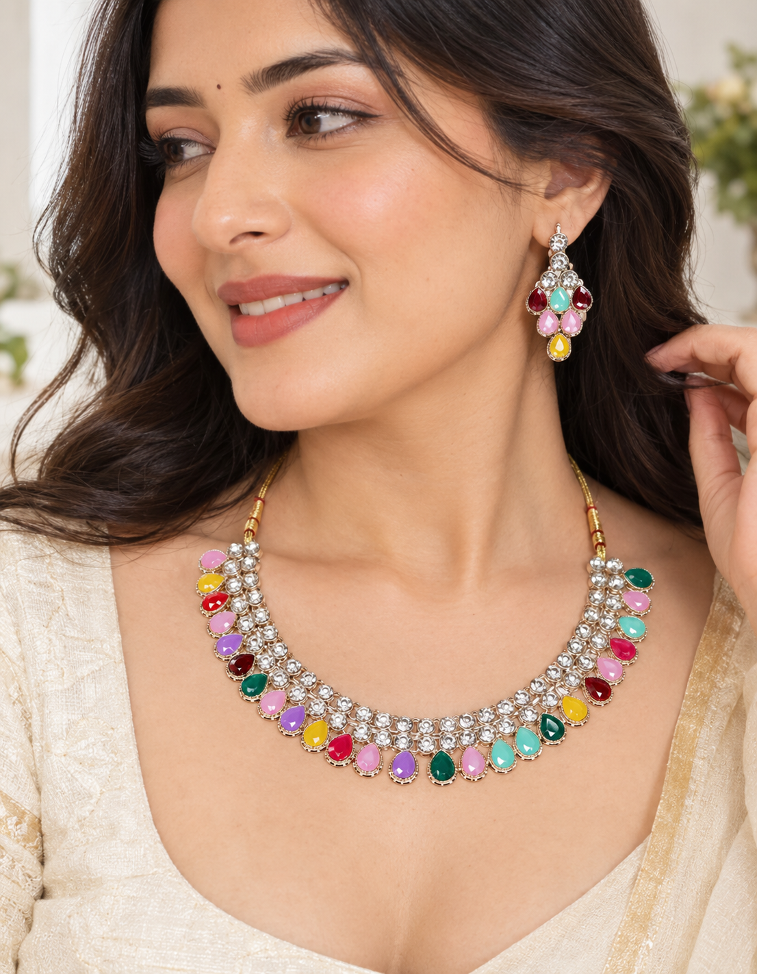 Multicolor Kundan Choker Necklace Set with Earrings for Women