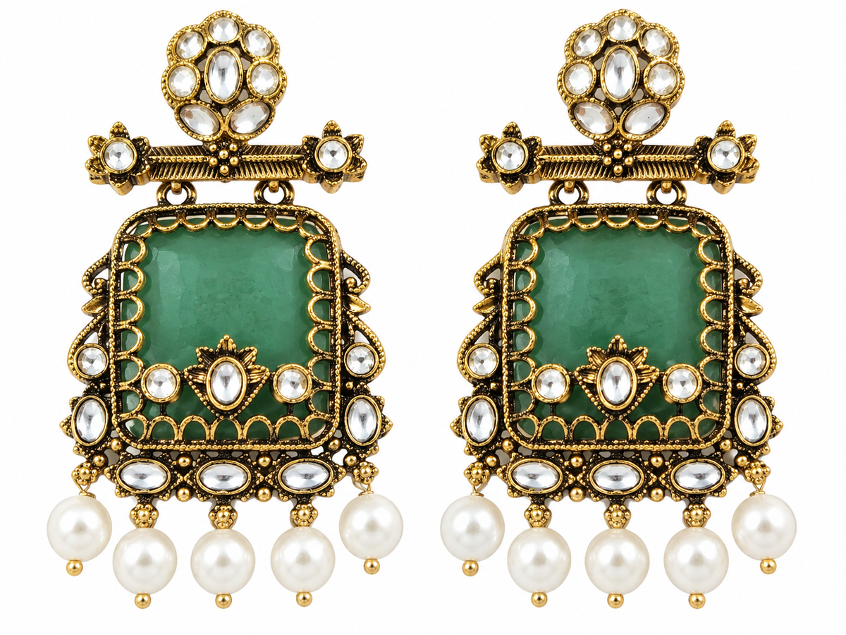 Antique Gold Green Stone & Pearl Statement Earrings for Women