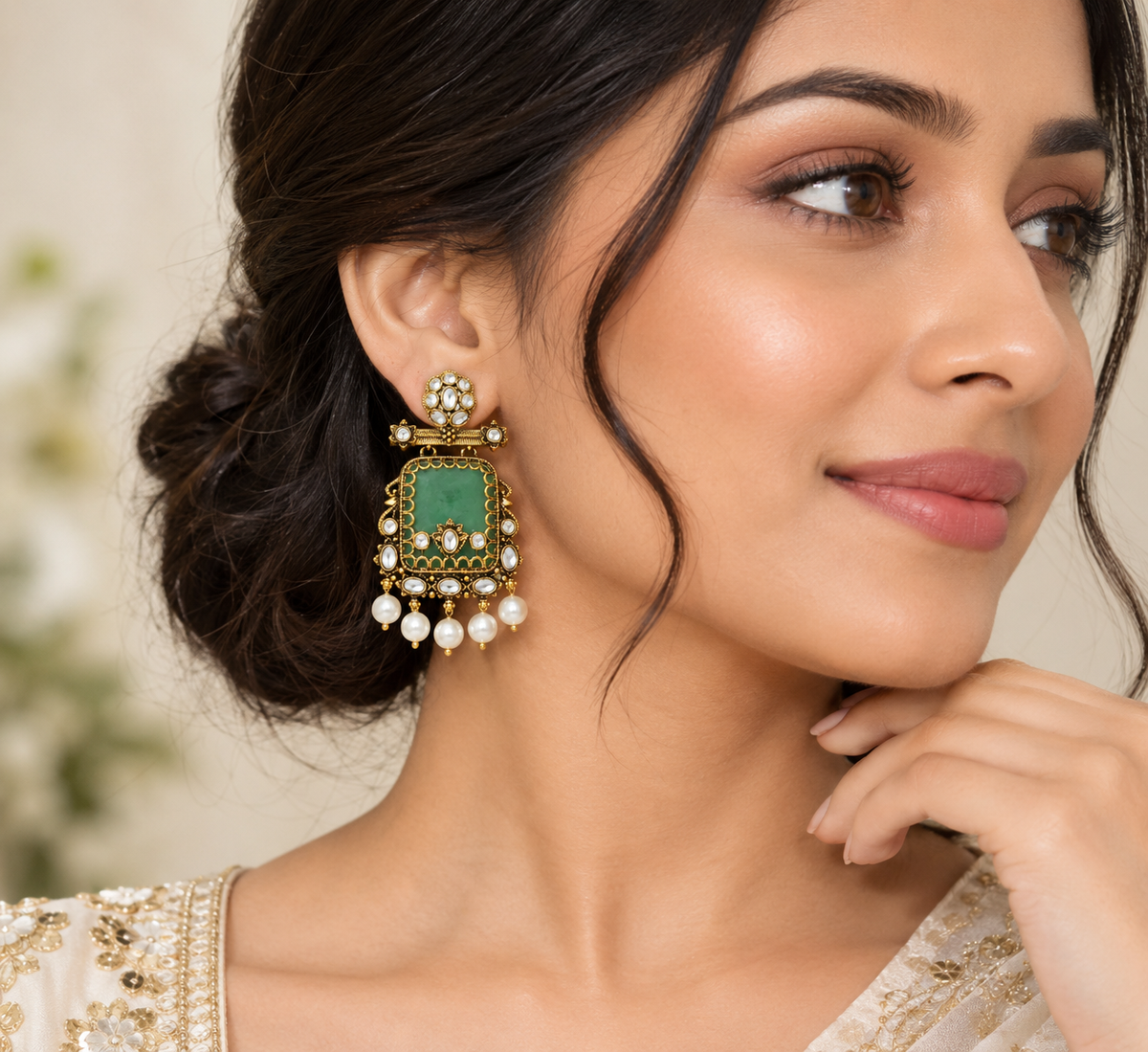 Antique Gold Green Stone & Pearl Statement Earrings for Women