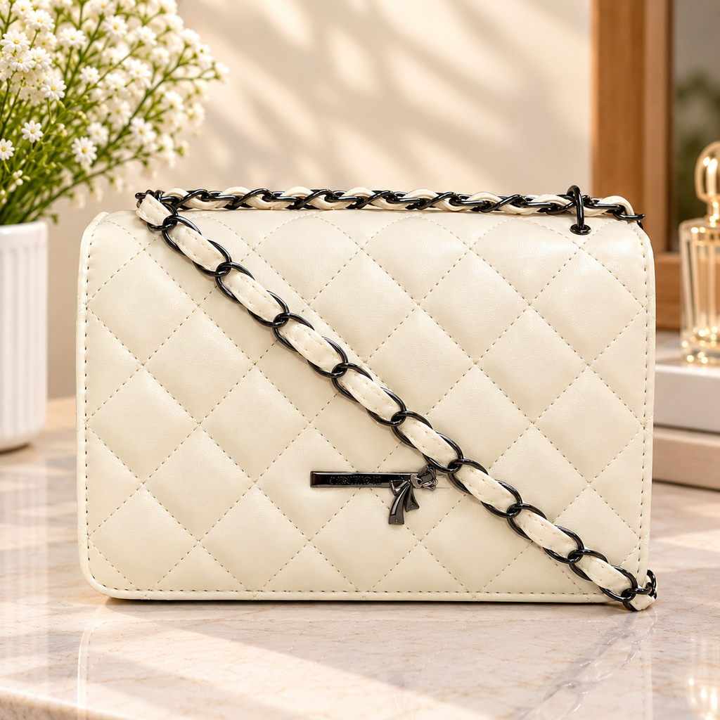 Women’s Ivory Quilted Shoulder Bag with Woven Chain Strap