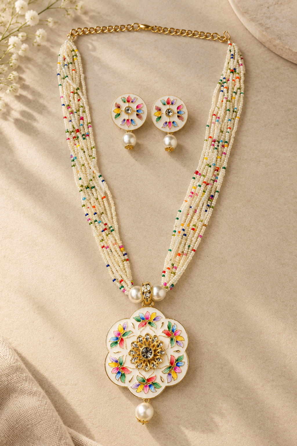 Elegant Multicolour Floral Beaded Necklace Set with Matching Earrings – Pearl Drop Pendant Jewellery