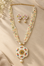 Elegant Multicolour Floral Beaded Necklace Set with Matching Earrings – Pearl Drop Pendant Jewellery
