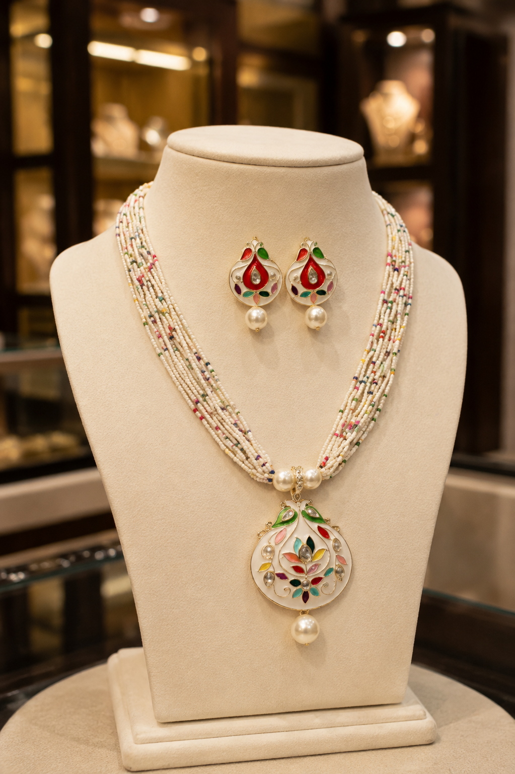 Stunning Neck set I Multilayer White Beaded Pendant Necklace Set with Matching Enamel Earrings for Women