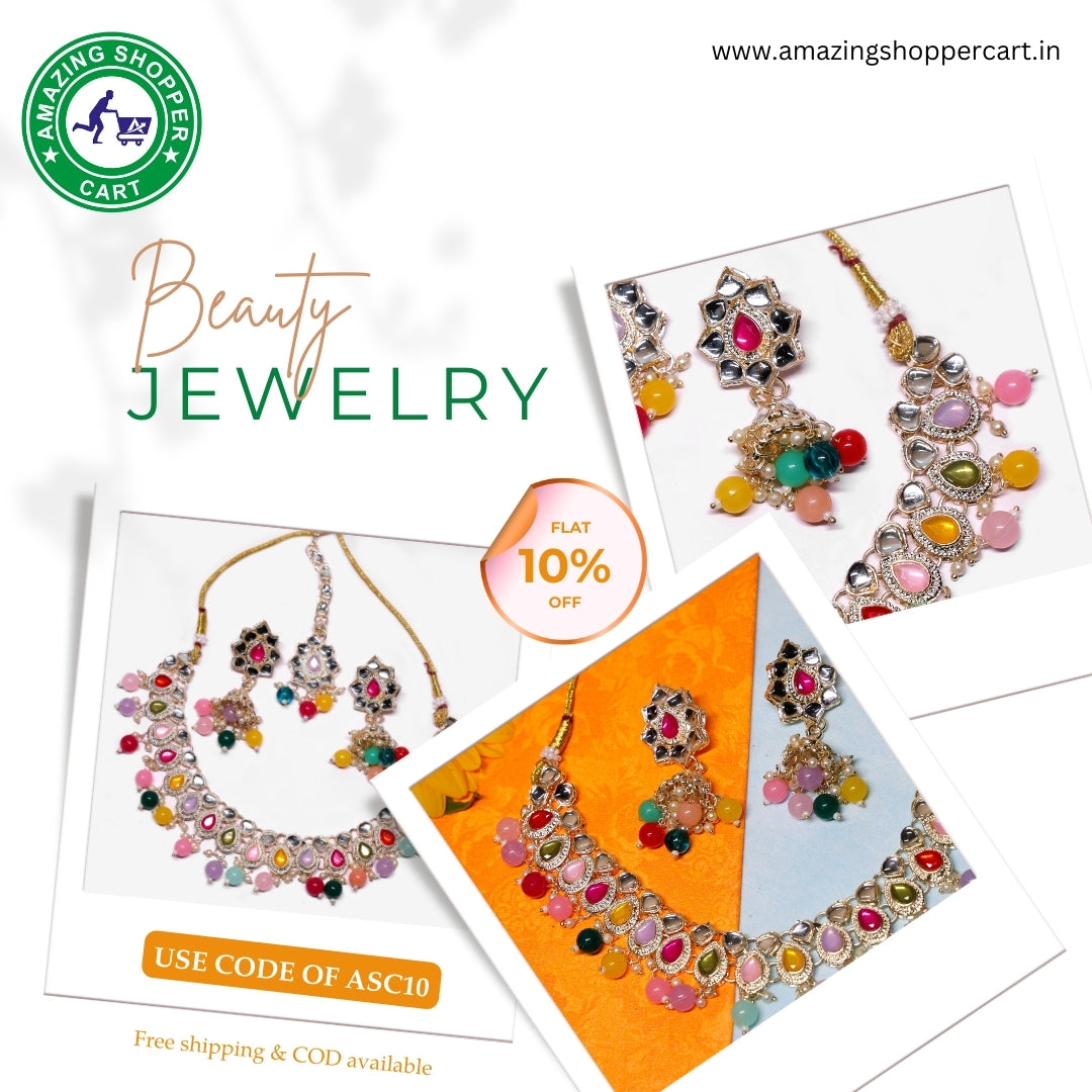 Multicolor Kundan Choker Necklace Set with Jhumka Earrings & Maang Tikka | Gold-Tone Adjustable Bridal Jewelry for Women