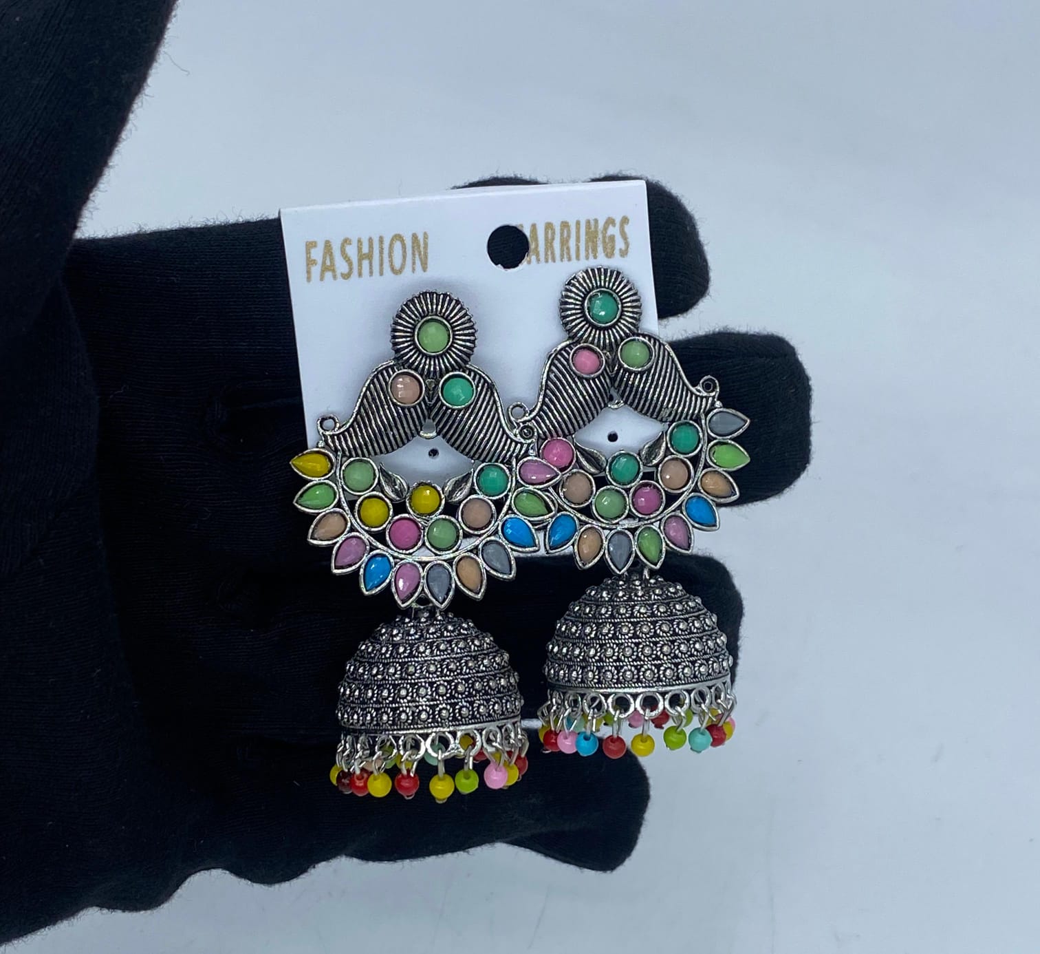 Oxidised Silver Multicolor Jhumka Earrings for Women | Boho Ethnic Statement Earrings with Bead Drops