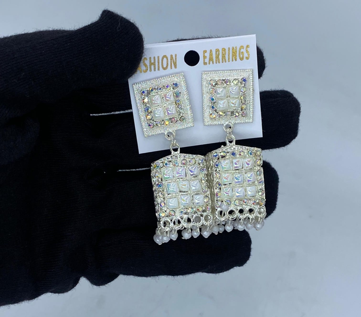 Silver-Tone Kundan Square Drop Earrings with Pearl Beads for Women | Elegant Party & Ethnic Earrings