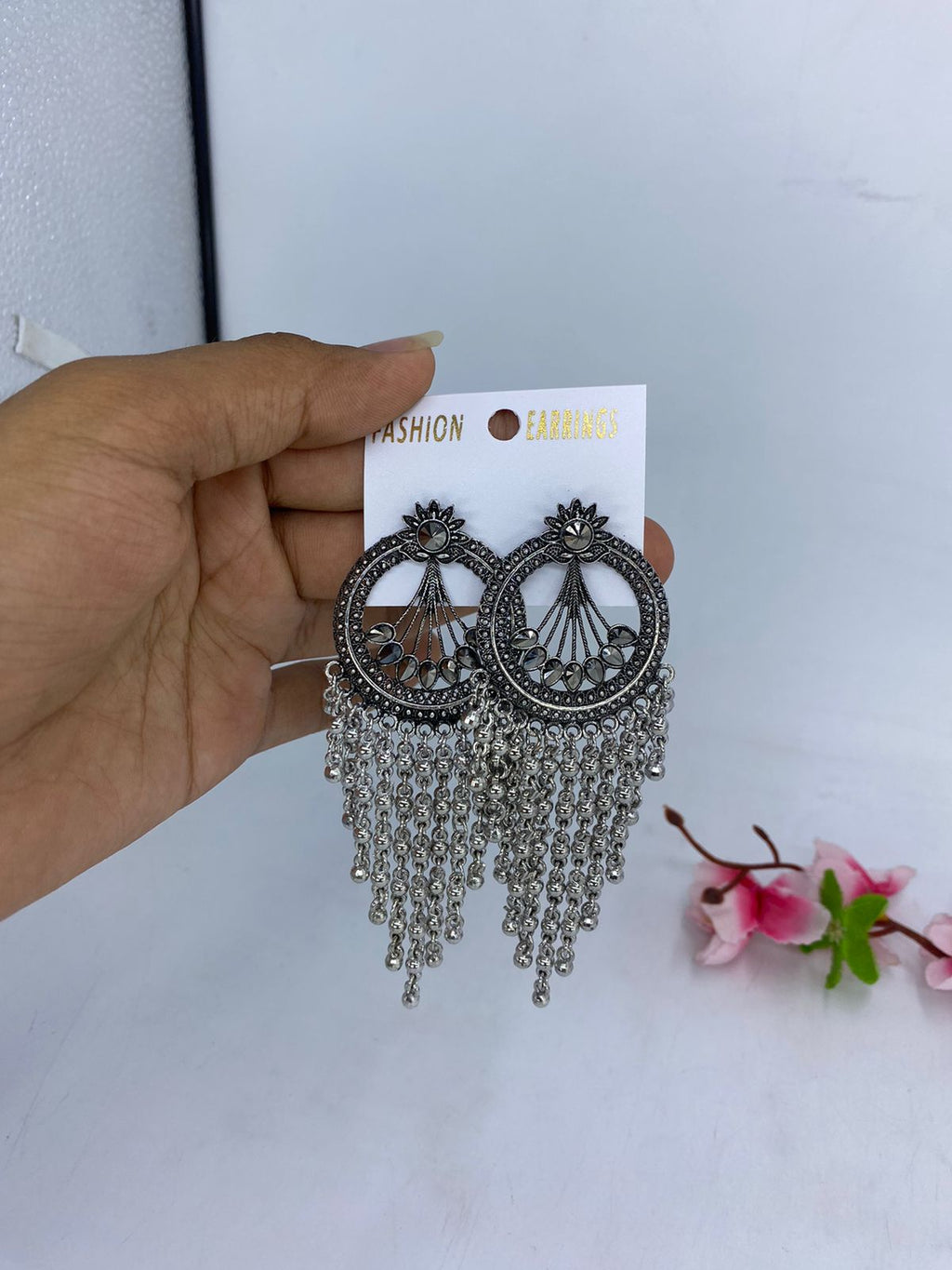 Oxidised Silver Mirror Tassel Earrings for Women | Bohemian Statement Dangle Earrings