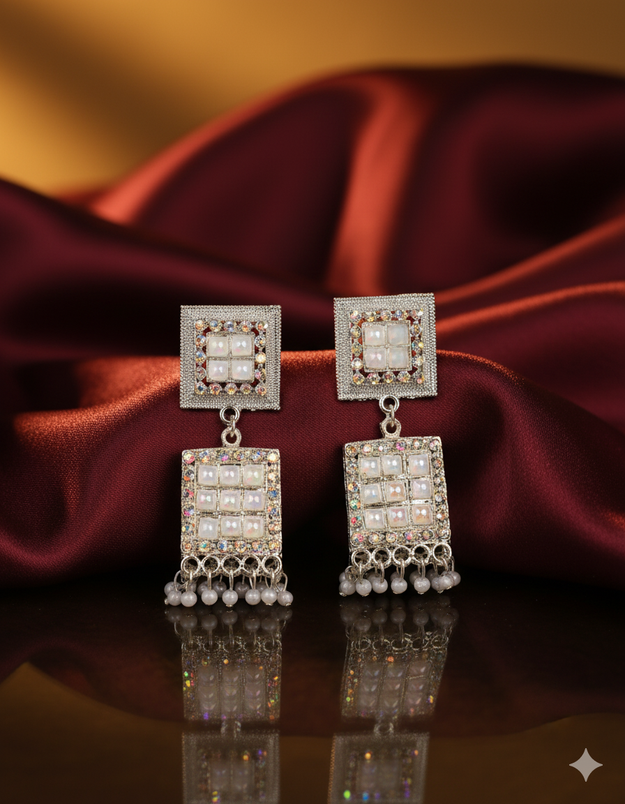 Silver-Tone Kundan Square Drop Earrings with Pearl Beads for Women | Elegant Party & Ethnic Earrings