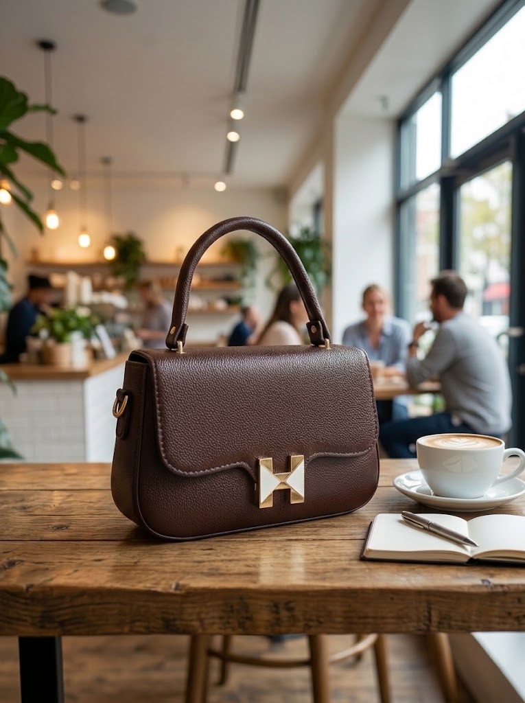 Women's Brown Structured Handbag with Adjustable Shoulder Strap