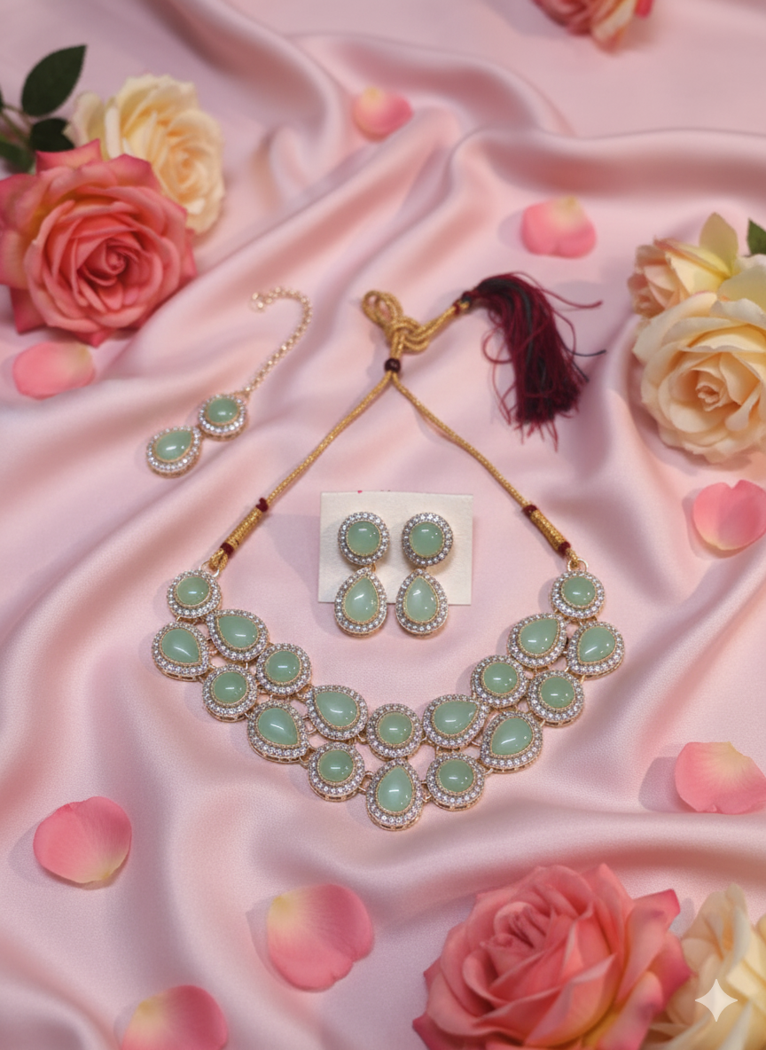 Elegant Mint Green Kundan Necklace Set with Matching Drop Earrings