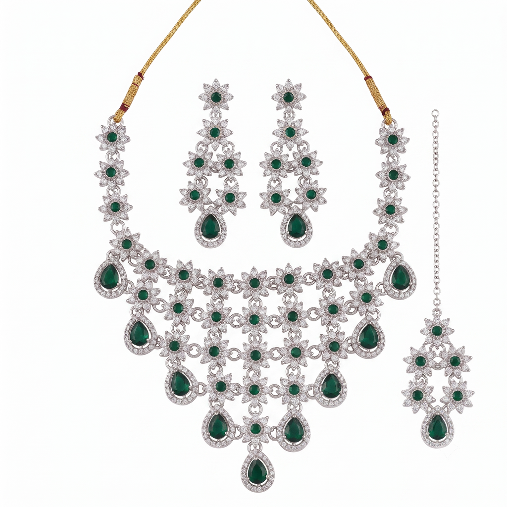 Emerald Green Floral CZ Necklace Set for Women | Silver-Tone Bridal Wedding Jewelry with Matching Earrings