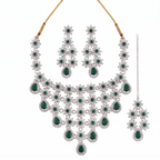 Emerald Green Floral CZ Necklace Set for Women | Silver-Tone Bridal Wedding Jewelry with Matching Earrings