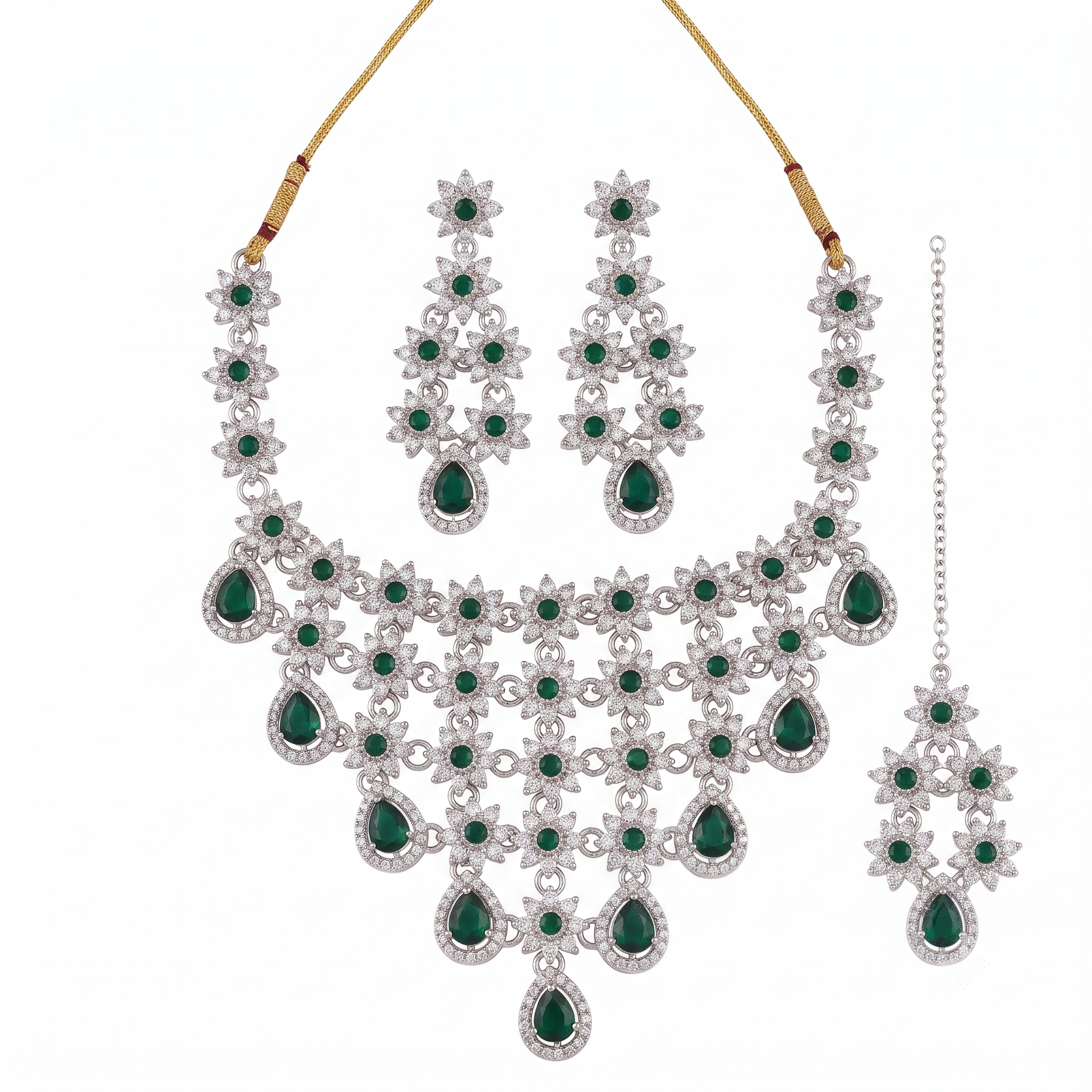 Emerald Green Floral CZ Necklace Set for Women | Silver-Tone Bridal Wedding Jewelry with Matching Earrings