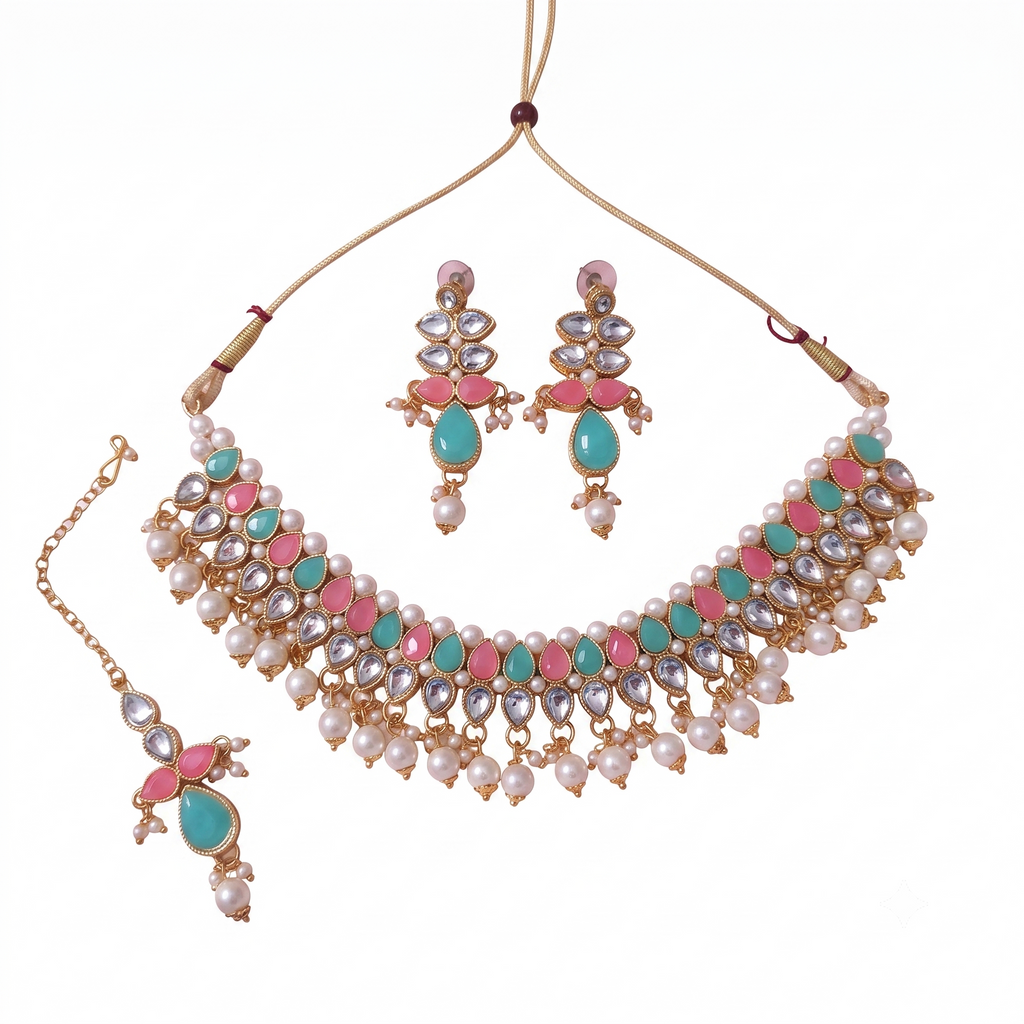 Multicolor Kundan Choker Necklace Set with Pearl Drops, Earrings & Maang Tikka | Traditional Bridal Jewelry for Women