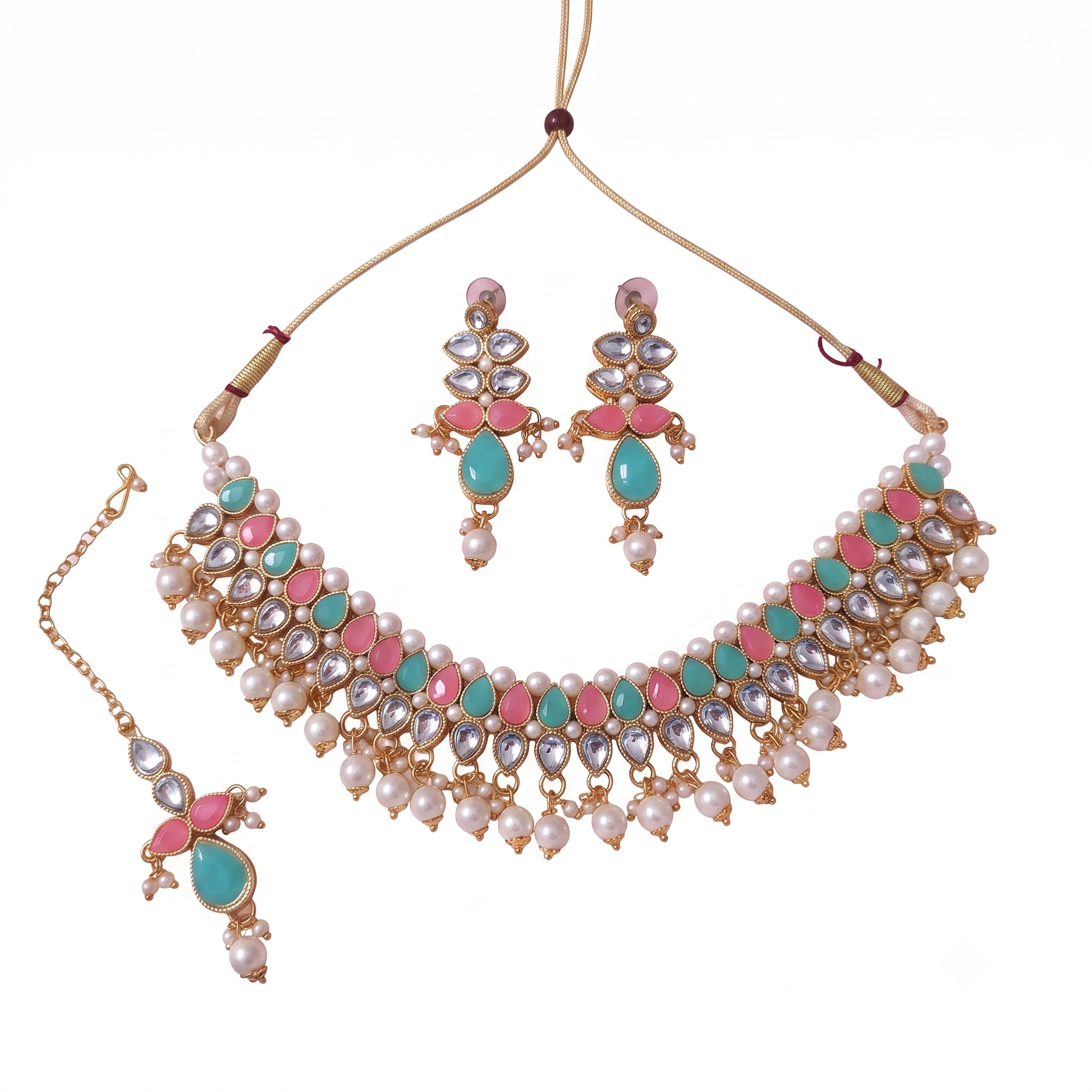 Multicolor Kundan Choker Necklace Set with Pearl Drops, Earrings & Maang Tikka | Traditional Bridal Jewelry for Women