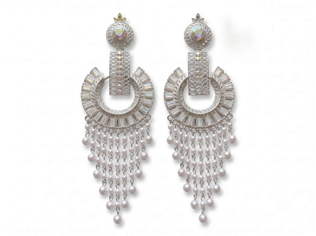 Elegant Silver-Tone Crystal & Pearl Statement Drop Earrings
