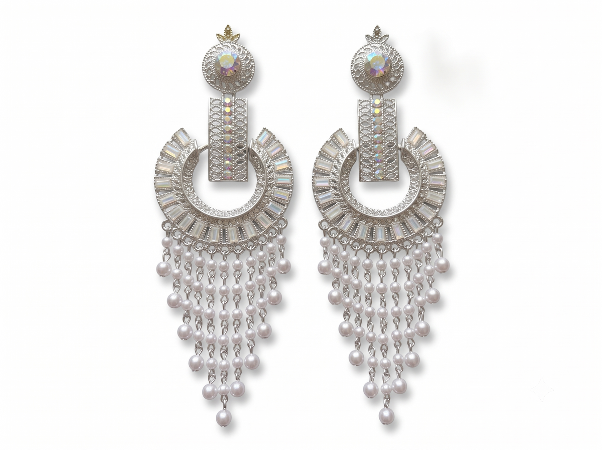 Elegant Silver-Tone Crystal & Pearl Statement Drop Earrings