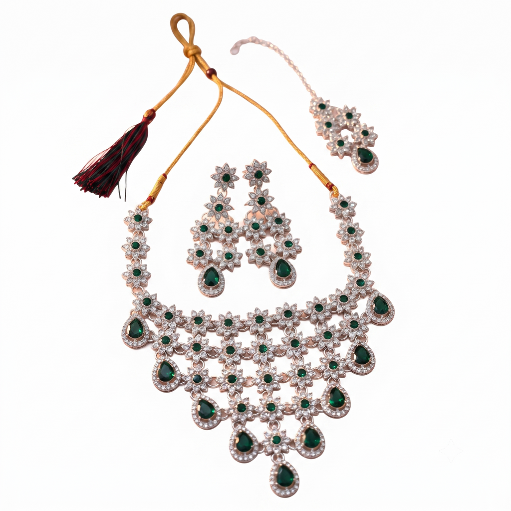 Emerald Green Floral CZ Necklace Set for Women | Silver-Tone Bridal Wedding Jewelry with Matching Earrings
