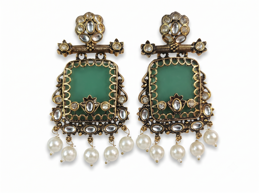Antique Gold Green Stone & Pearl Statement Earrings for Women