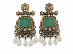 Antique Gold Green Stone & Pearl Statement Earrings for Women