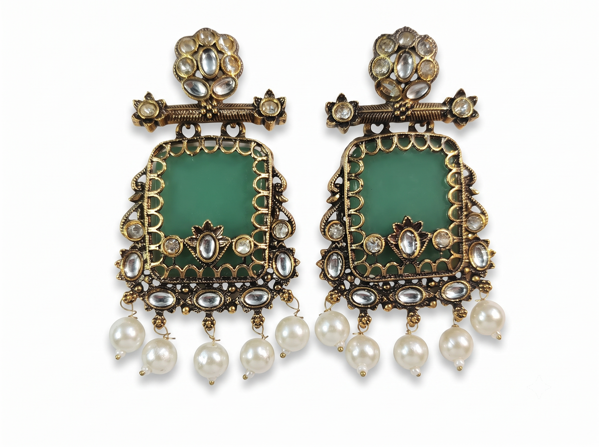 Antique Gold Green Stone & Pearl Statement Earrings for Women