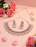 Elegant Pink Stone Choker Necklace Set with Matching Earrings | Silver-Tone Adjustable Party & Bridal Jewelry for Women