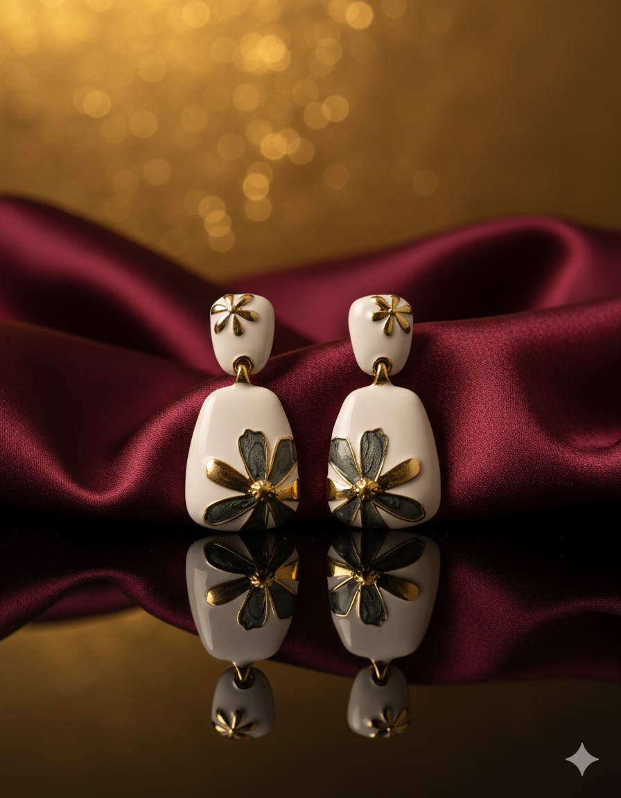 Elegant Floral Enamel Drop Earrings for Women | White & Gold-Tone Designer Earrings