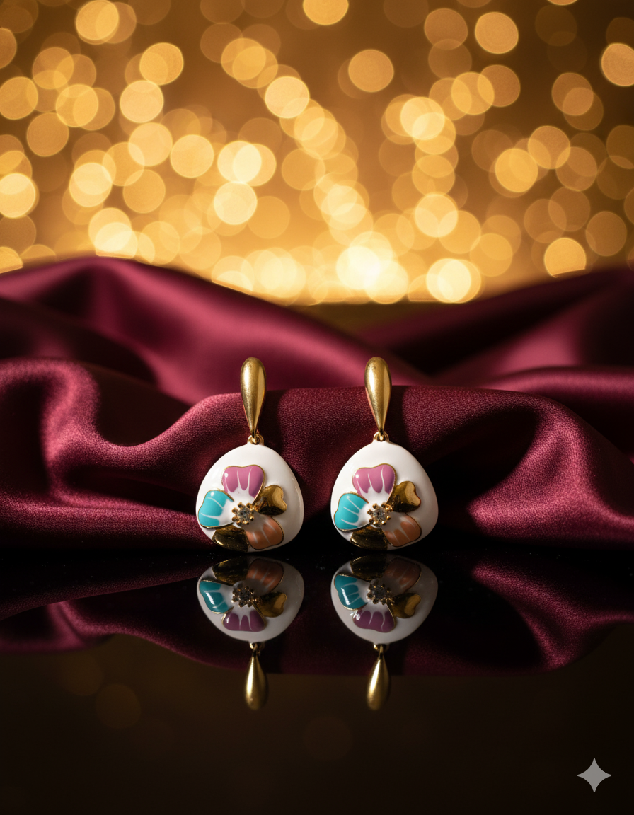 Floral Enamel Drop Earrings for Women | White & Gold-Tone Designer Earrings