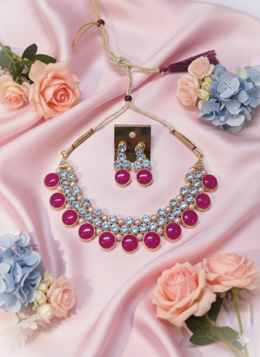 Pink Stone & Crystal Traditional Necklace Set with Earrings