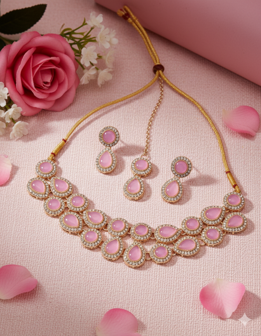 Pink Stone Choker Necklace Set with Earrings