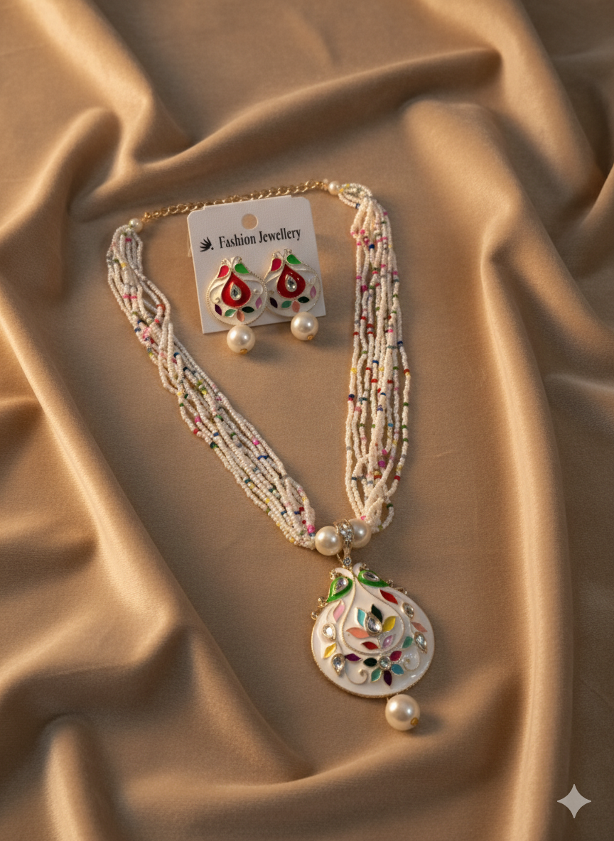 Stunning Neck set I Multilayer White Beaded Pendant Necklace Set with Matching Enamel Earrings for Women