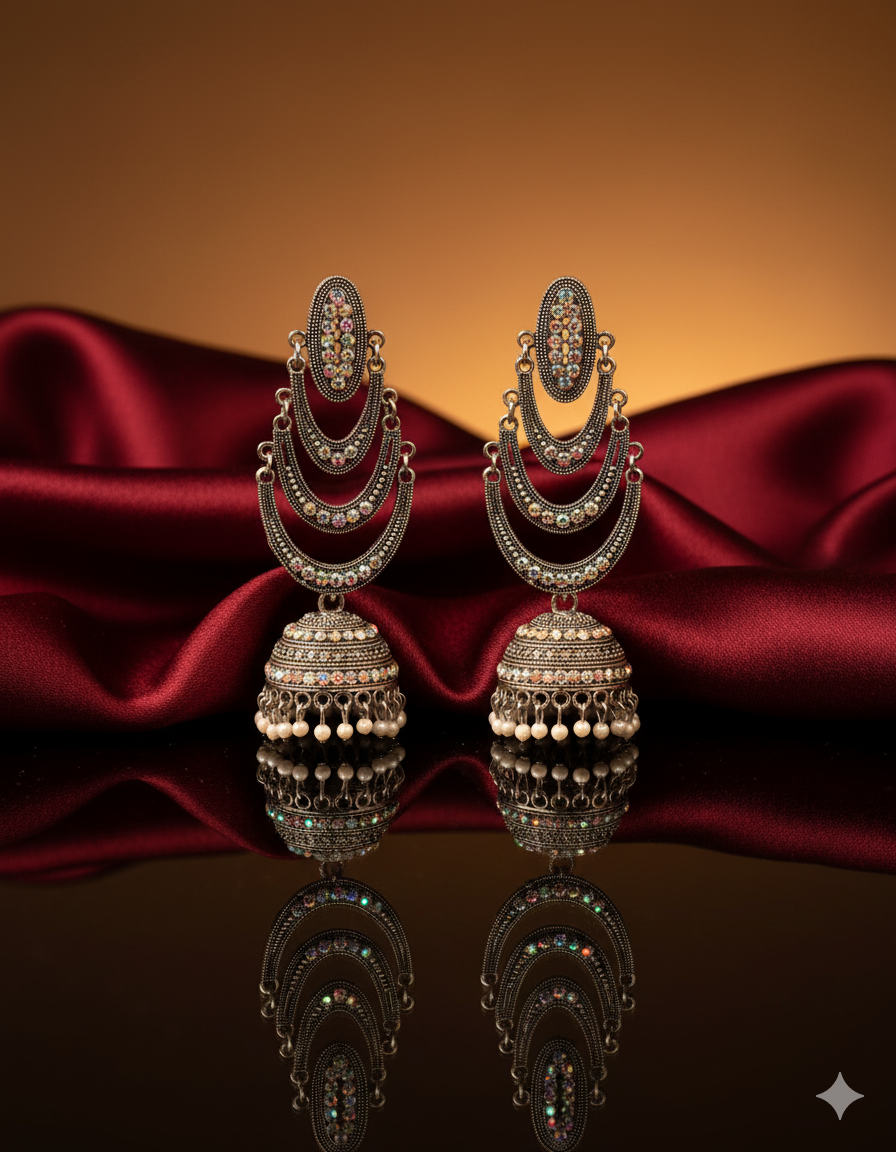 Oxidized Silver-Tone Chandbali Jhumka Earrings with Pearl Drops for Women | Traditional Statement Earrings