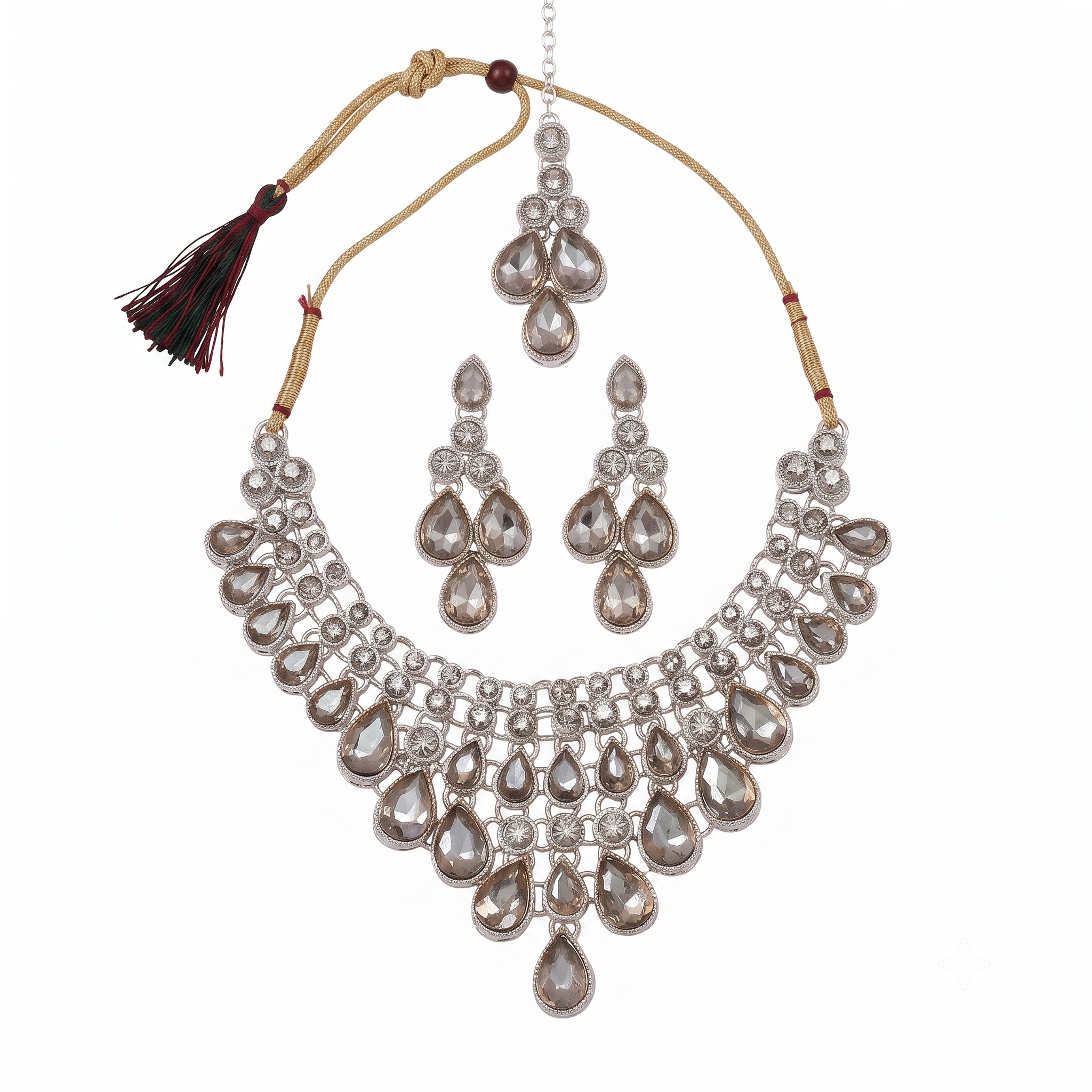 Silver-Tone Kundan Teardrop Necklace Set for Women
