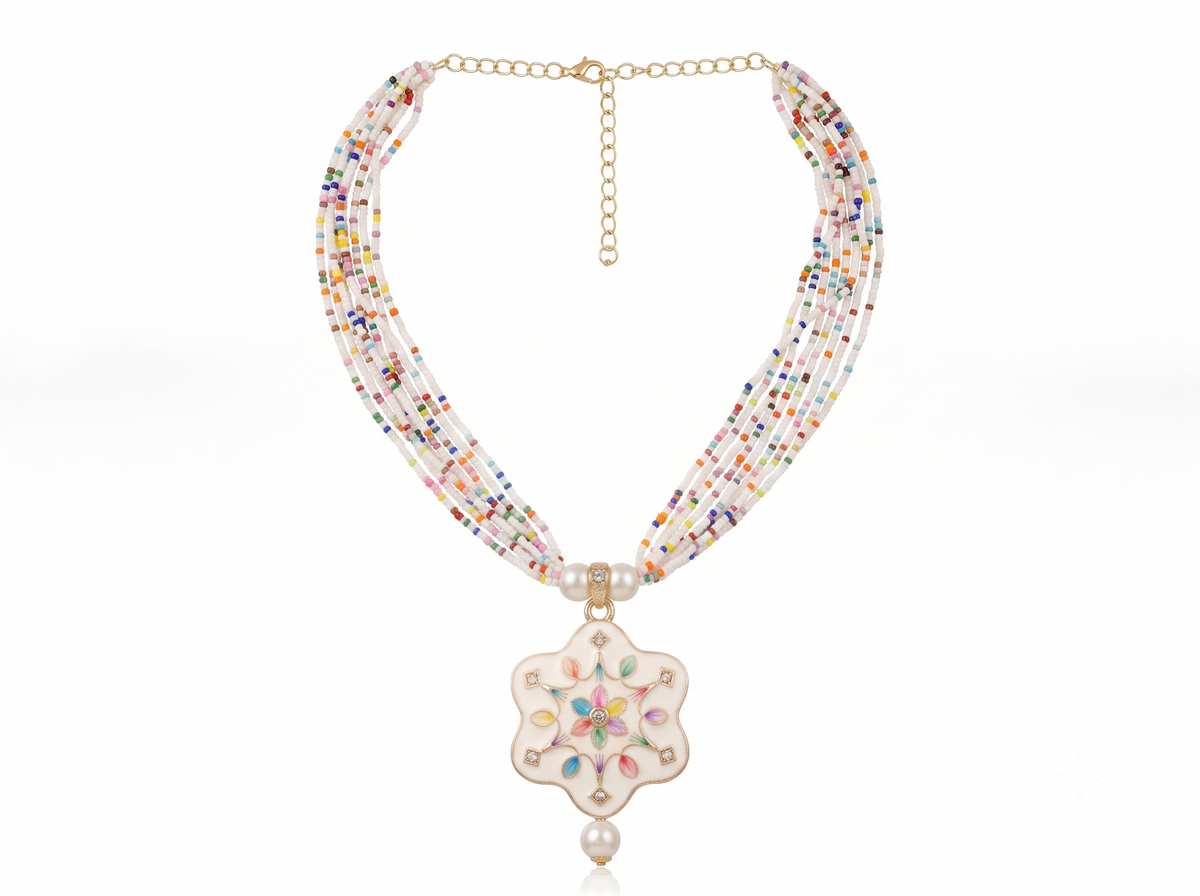 Multicolor Beaded Pearl Necklace Set with Floral Pendant & Matching Earrings