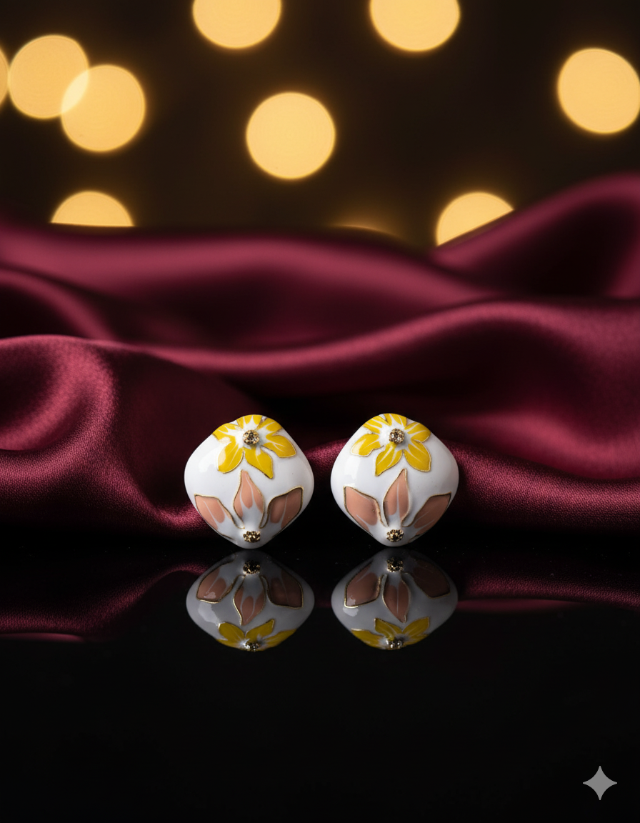Floral Enamel Stud Earrings for Women | White & Yellow Gold-Tone Fashion Earrings