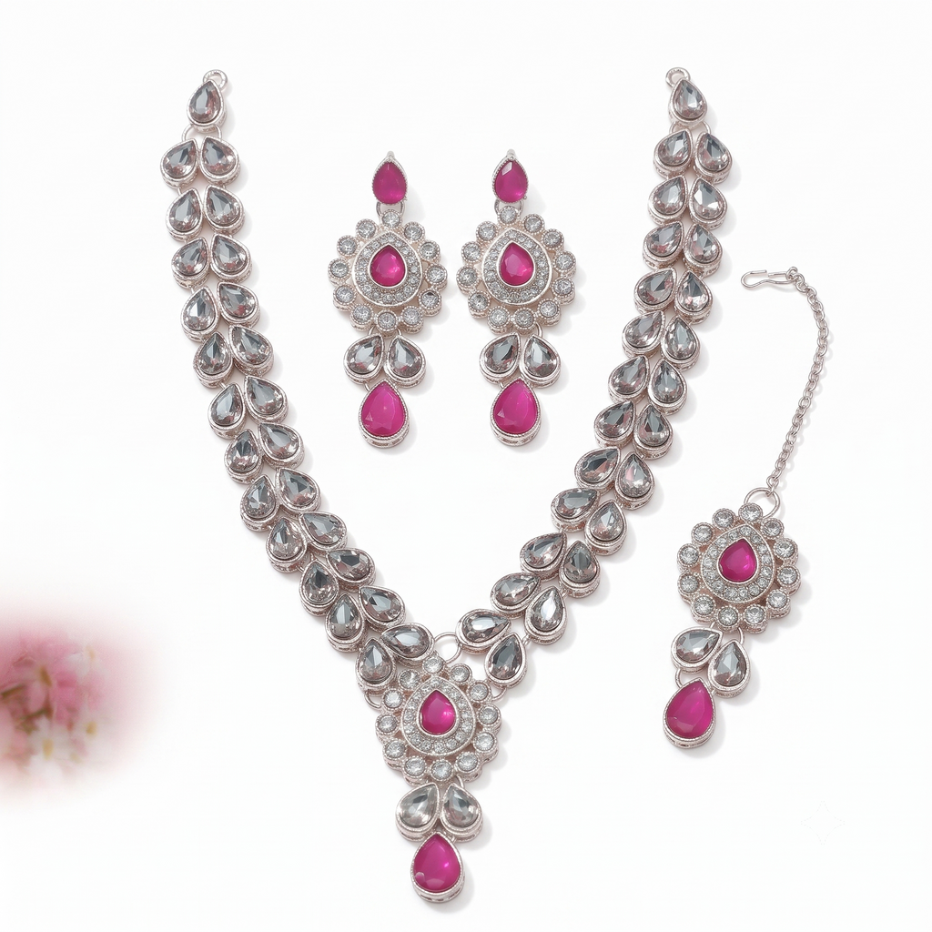 Pink Kundan Necklace Set with Matching Earrings & Maang Tikka
