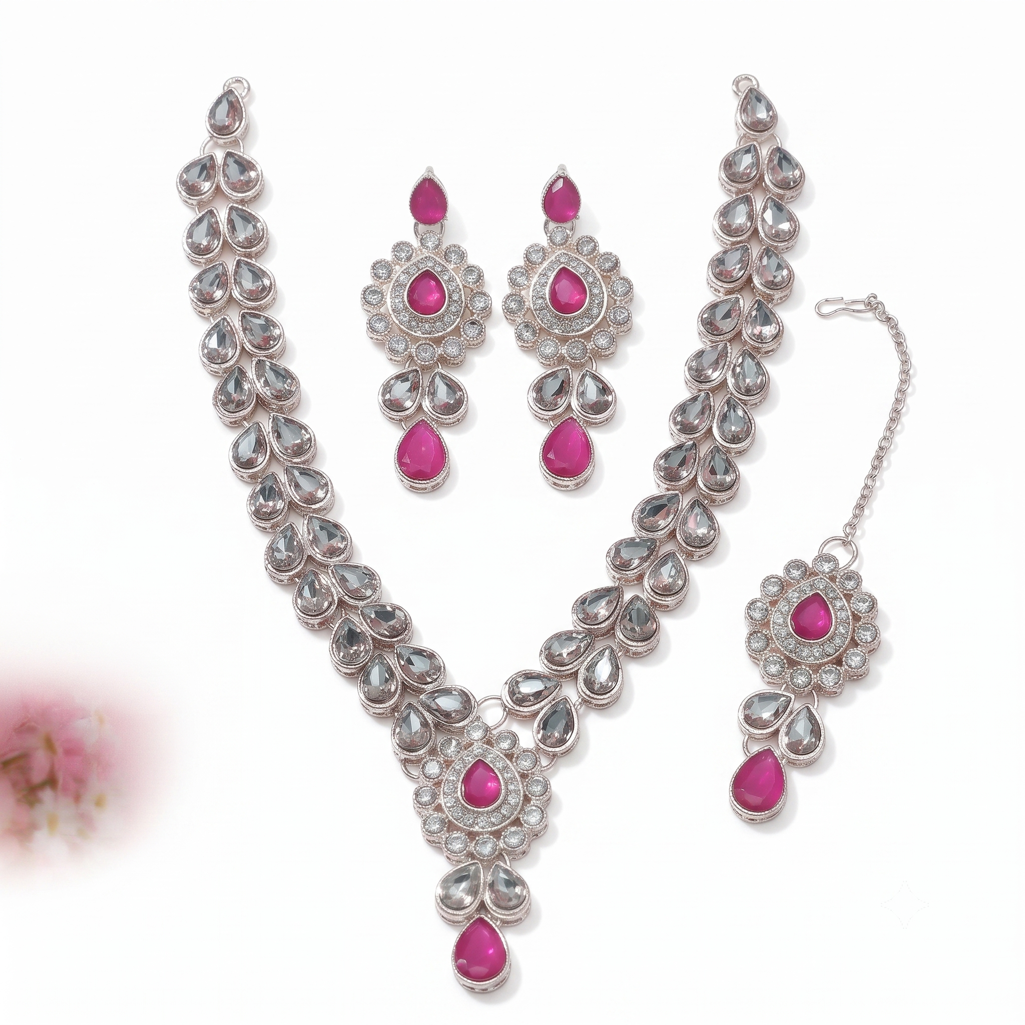 Pink Kundan Necklace Set with Matching Earrings & Maang Tikka