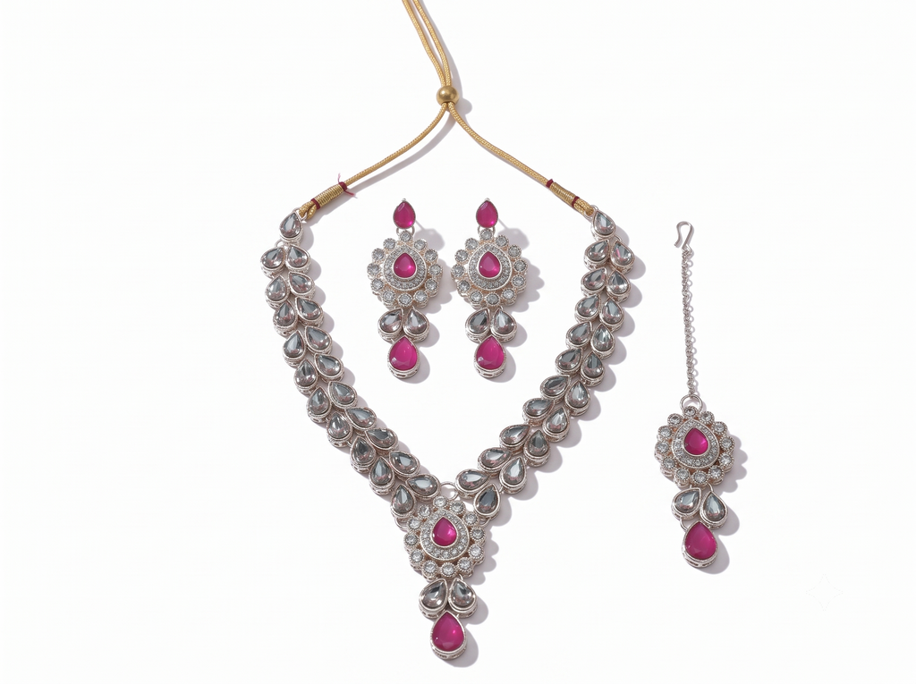 Pink Kundan Necklace Set with Matching Earrings & Maang Tikka