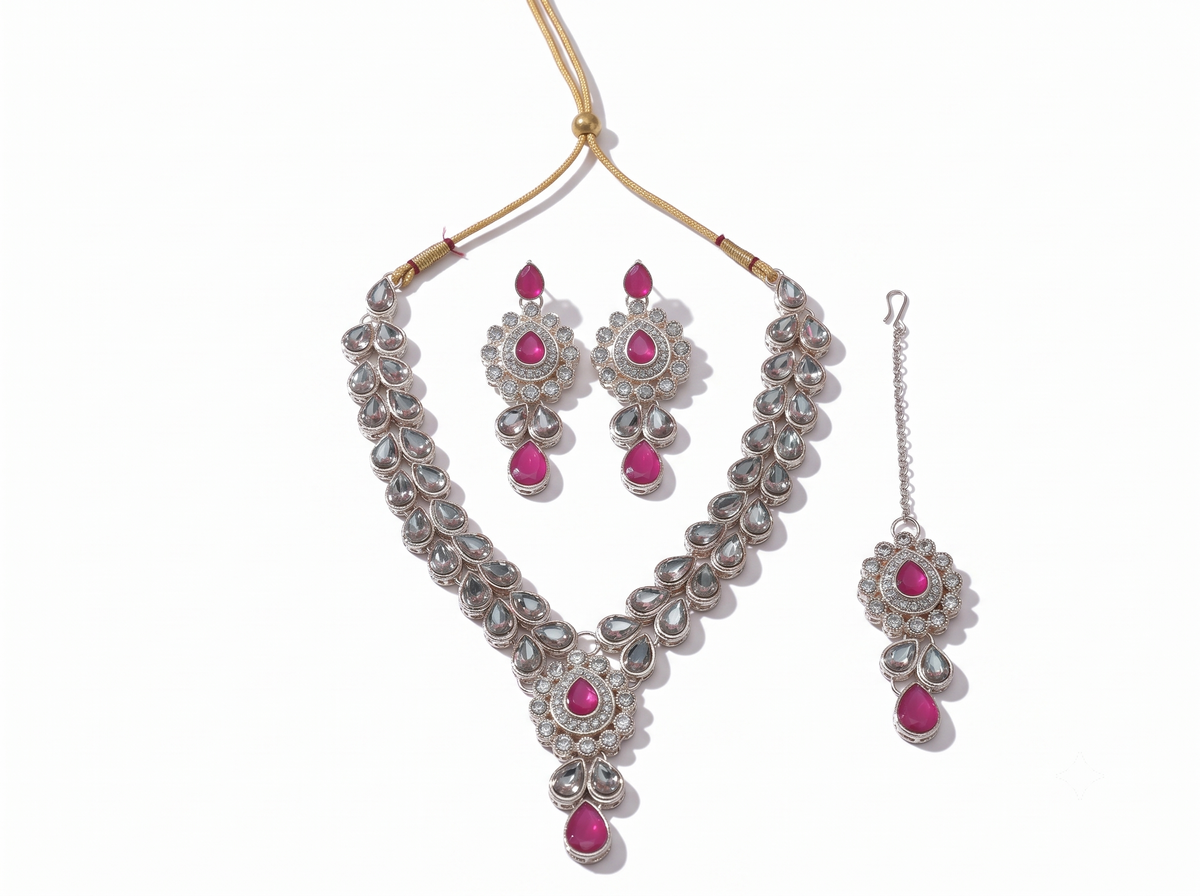 Pink Kundan Necklace Set with Matching Earrings & Maang Tikka