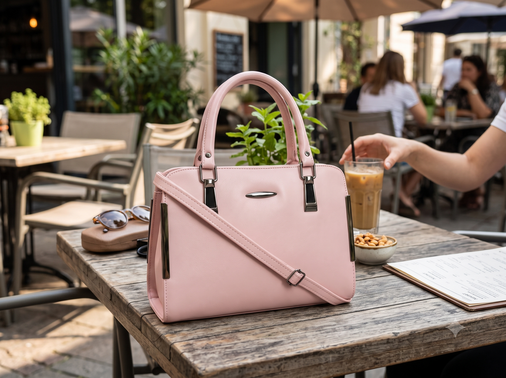 Women's Pink Structured Handbag with Adjustable Shoulder Strap