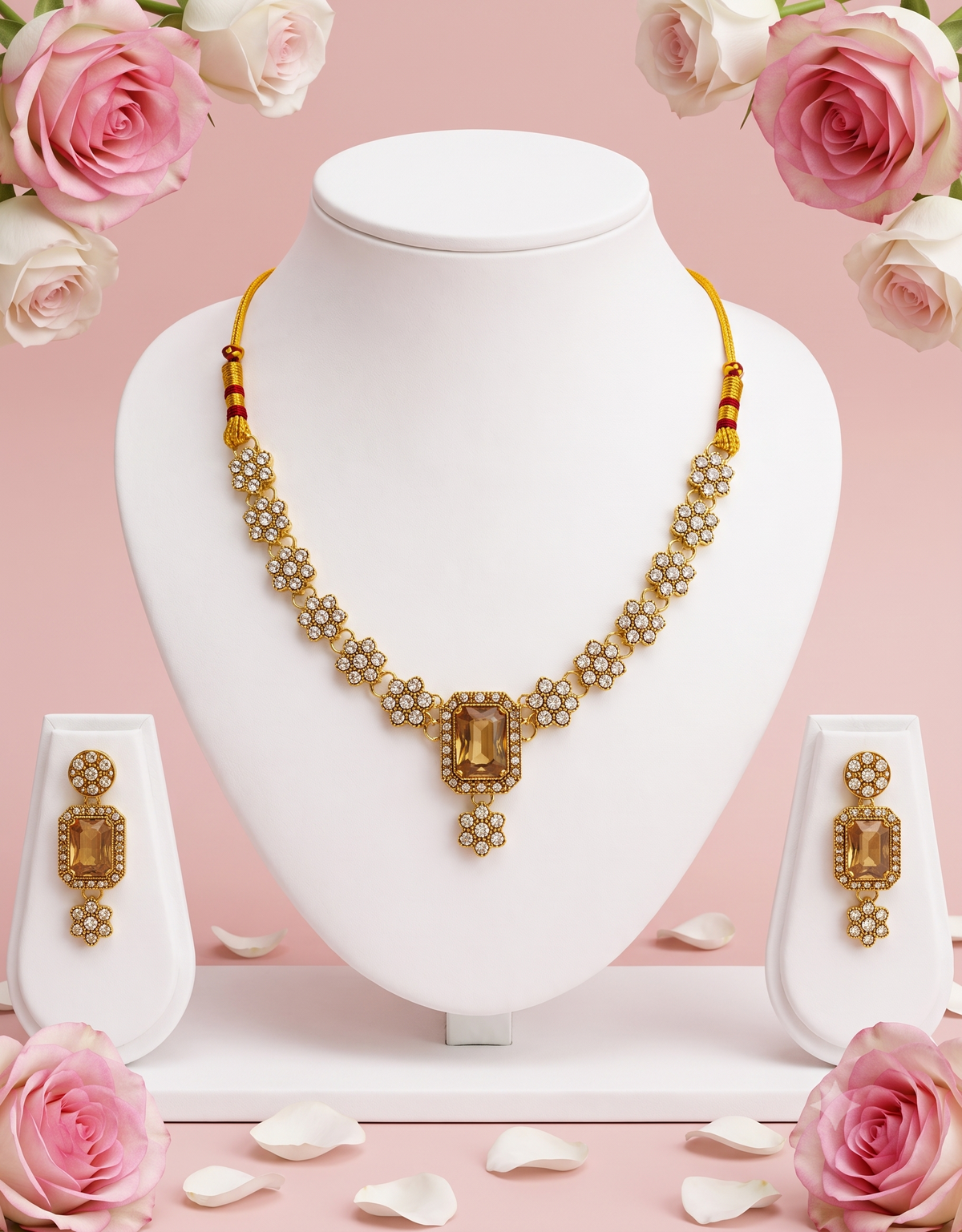 Gold-Plated Amber Topaz & Kundan Collar Necklace Set with Matching Drop Earrings