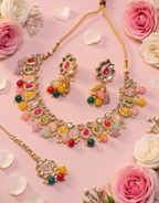 Multicolor Kundan Choker Necklace Set with Jhumka Earrings & Maang Tikka | Gold-Tone Adjustable Bridal Jewelry for Women