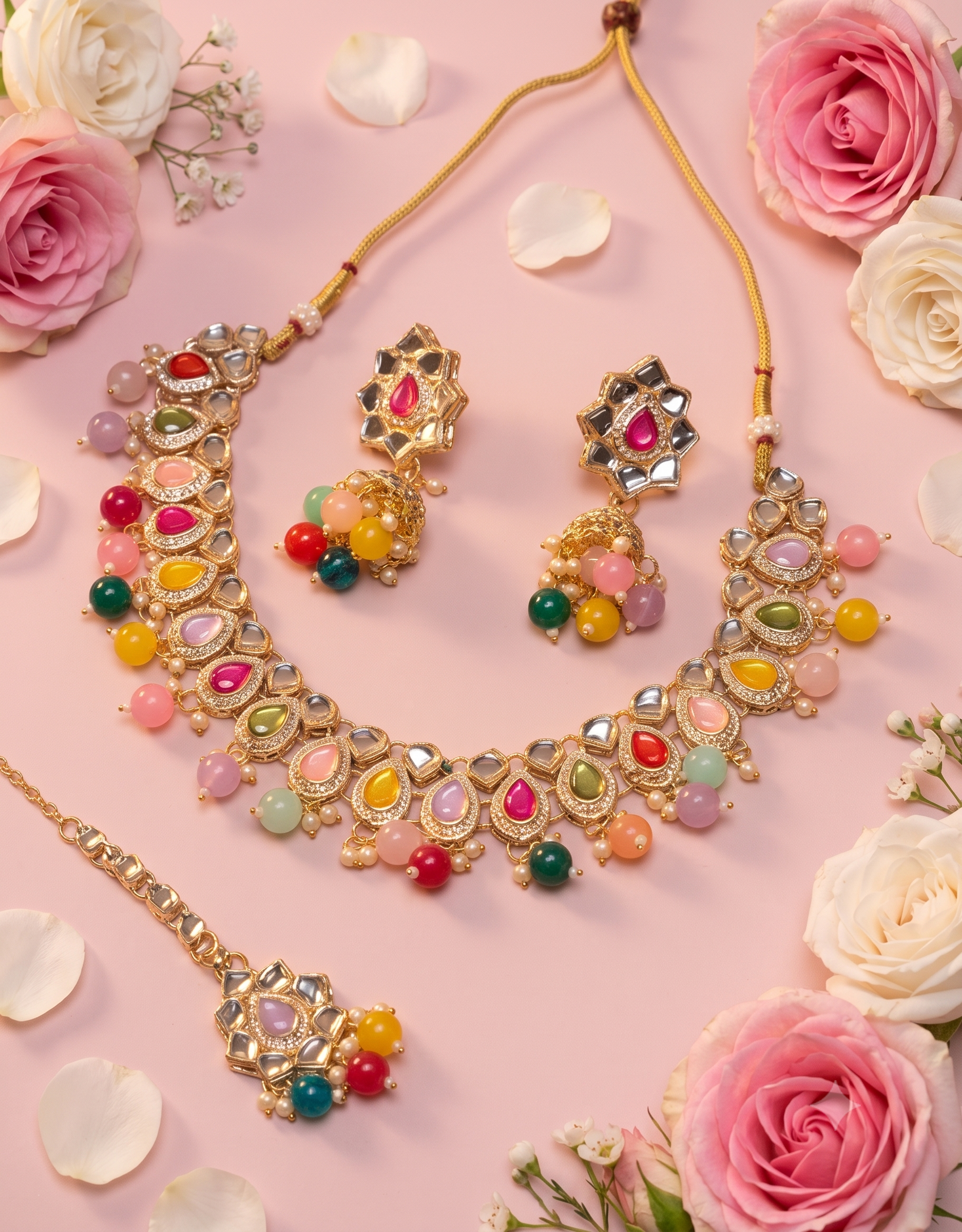 Multicolor Kundan Choker Necklace Set with Jhumka Earrings & Maang Tikka | Gold-Tone Adjustable Bridal Jewelry for Women